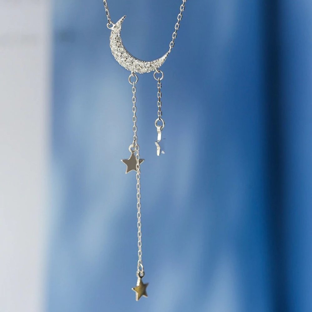 *925 Sterling Silver Diamond Moon Star Necklace A - Picture 6 of 6